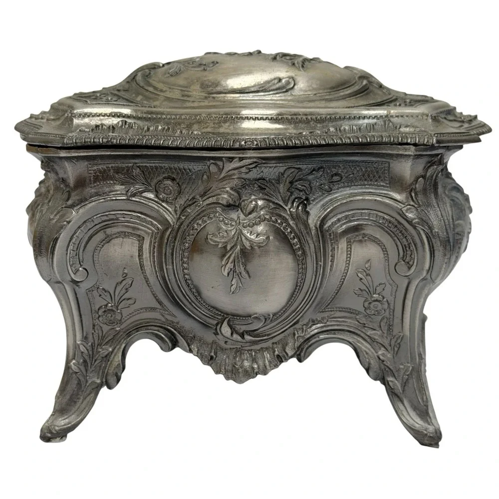 Vintage Pewter Intricate Floral Jewelry Casket Box Ornate Victorian Design Japan